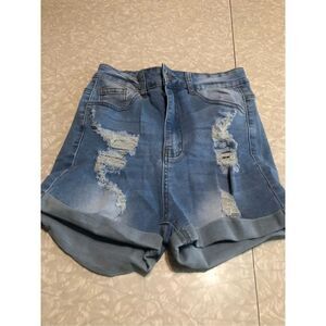 shein light wash high rise cuffed distressed denim jean shorts‎